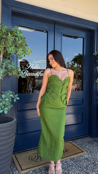 FARM RIO GREEN MONSTERA LEAF SLEEVELESS MAXI DRESS
