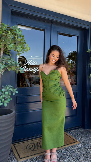 FARM RIO GREEN MONSTERA LEAF SLEEVELESS MAXI DRESS