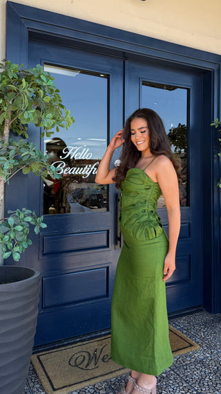 FARM RIO GREEN MONSTERA LEAF SLEEVELESS MAXI DRESS