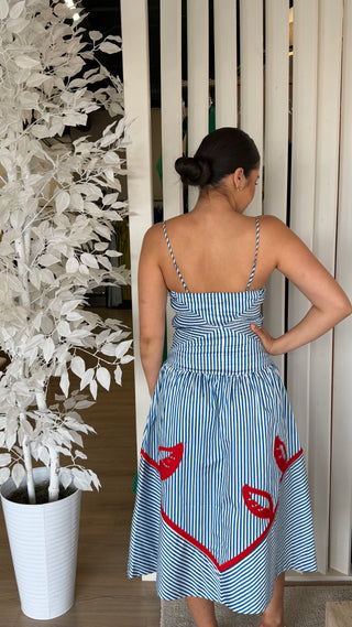 FARM RIO SKY STRIPES BLUE SLEEVELESS MIDI DRESS