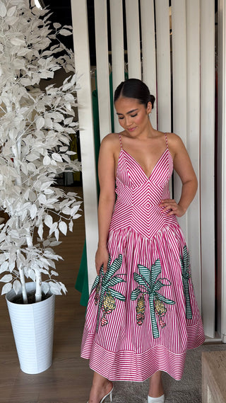 FARM RIO PALM TREE CUTWORK STRIPES SLEEVELESS MIDI DRESS