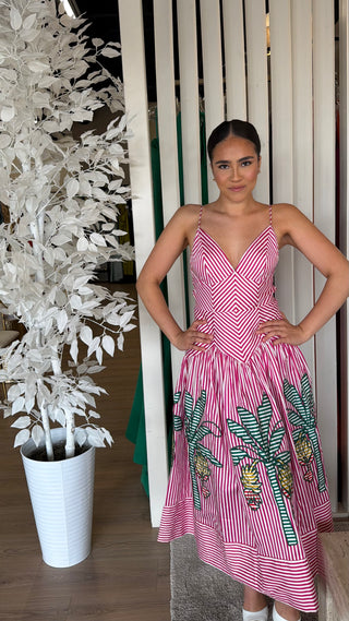 FARM RIO PALM TREE CUTWORK STRIPES SLEEVELESS MIDI DRESS