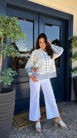 FARM RIO FLOWERS EMB RICHILLIEU OFF-WHITE SHIRT