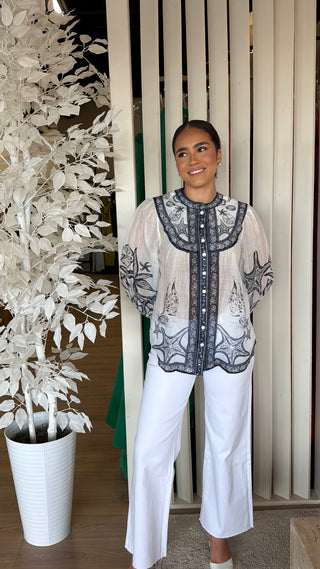 FARM RIO COAST SCARF OFF-WHITE LONG SLEEVE BLOUSE