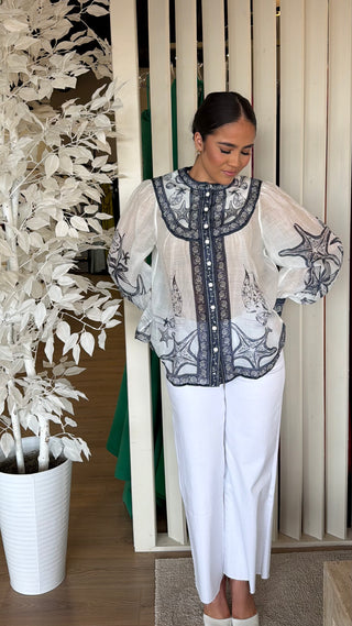 FARM RIO COAST SCARF OFF-WHITE LONG SLEEVE BLOUSE