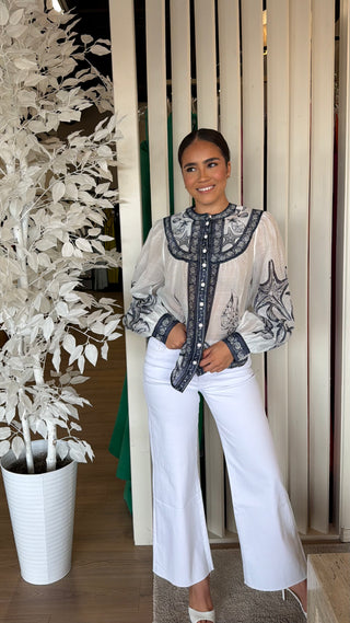 FARM RIO COAST SCARF OFF-WHITE LONG SLEEVE BLOUSE