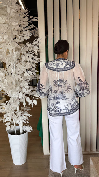FARM RIO COAST SCARF OFF-WHITE LONG SLEEVE BLOUSE