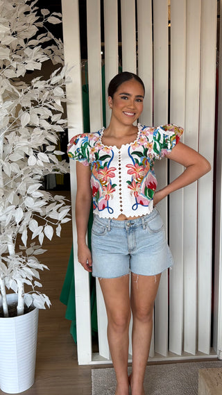 FARM RIO GARDEN OF LIFE SCARF SHORT SLEEVE BLOUSE