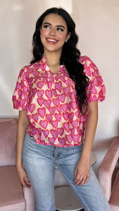 Heart to Heart Short Sleeve Blouse - Pink