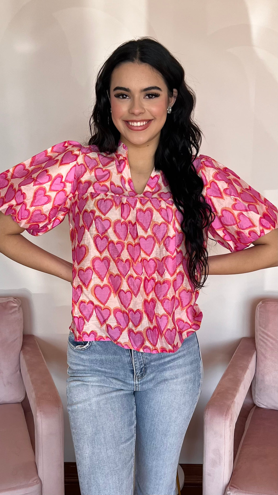Heart to Heart Short Sleeve Blouse - Pink