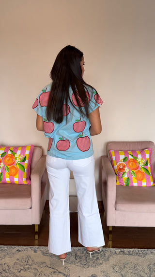 QUEEN OF SPARKLES LIGHT BLUE AND RED GINGHAM APPLE TEE