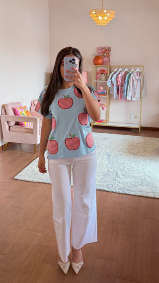 QUEEN OF SPARKLES LIGHT BLUE AND RED GINGHAM APPLE TEE