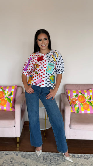 QUEEN OF SPARKLES COLORBLOCK POLKA DOT TEACHER ICON BUTTON UP
