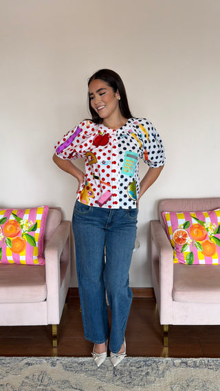 QUEEN OF SPARKLES COLORBLOCK POLKA DOT TEACHER ICON BUTTON UP