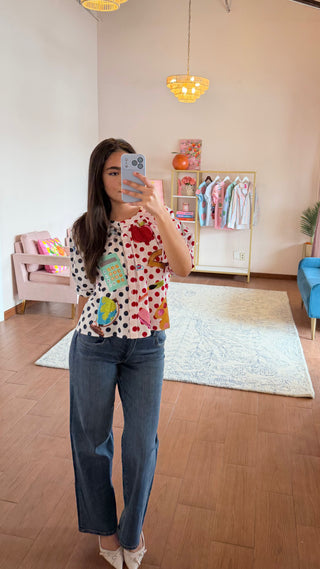 QUEEN OF SPARKLES COLORBLOCK POLKA DOT TEACHER ICON BUTTON UP