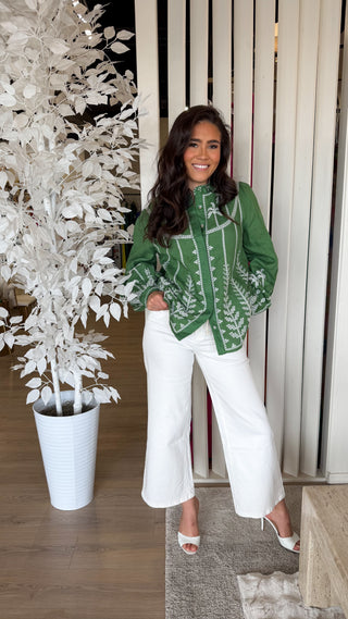 FARM RIO BICOLOR CROSS STICH EMBROIDERY BLOUSE LONG SLEEVE