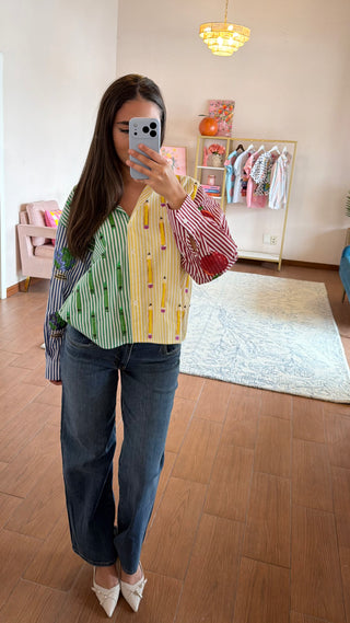 QUEEN OF SPARKLES COLORBLOCK STRIPE TEACHER BUTTON UP