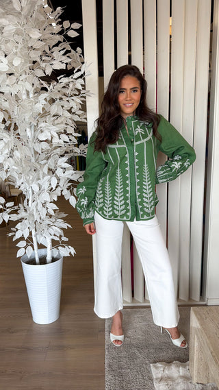 FARM RIO BICOLOR CROSS STICH EMBROIDERY BLOUSE LONG SLEEVE