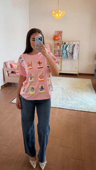 QUEEN OF SPARKLES LIGHT PINK SCATTERED MAHJONG TEE