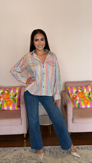 QUEEN OF SPARKLES RAINBOW STRIPED BUTTON UP