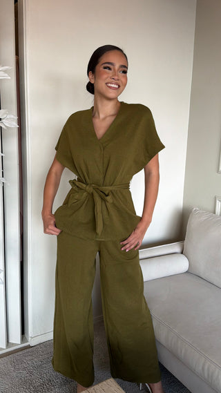 SOFT BRUSH FEEL WRAP WAIST TOP AND WIDE LEG PANT SET