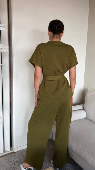 SOFT BRUSH FEEL WRAP WAIST TOP AND WIDE LEG PANT SET