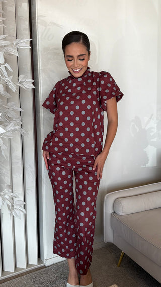 POLKA DOT RUFFLE TOP AND FLARE CROP PANT SET