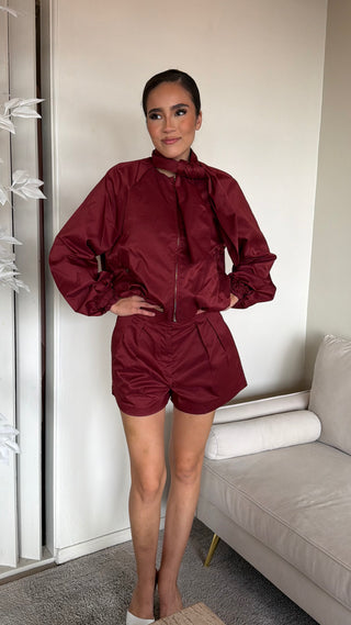 SCARF COLLAR PUFFY JACKET AND SHORTS SET