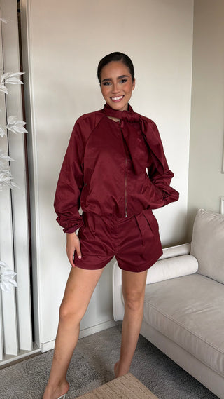 SCARF COLLAR PUFFY JACKET AND SHORTS SET