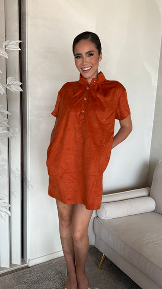 Rust mini dress with stand collar and short sleeves, featuring a front button placket.