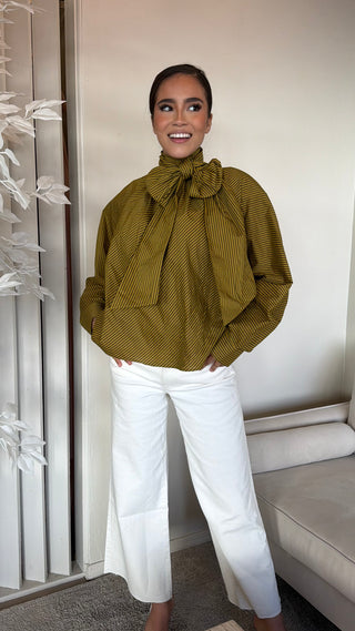 TIE NECK STRIPE SATIN BLOUSE