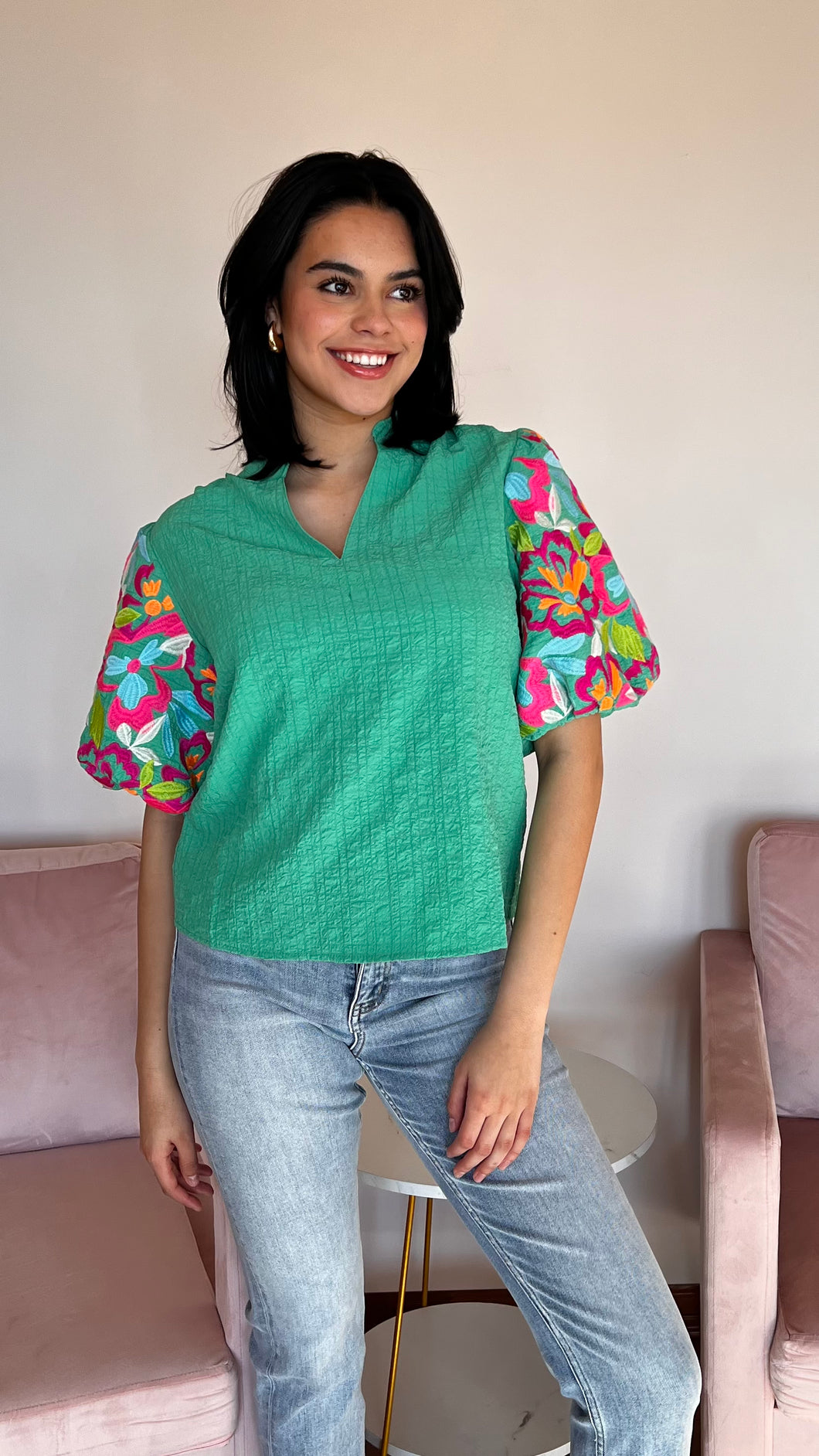 Sea Green Short Sleeve Embroidered Blouse