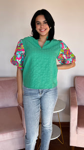 Sea Green Short Sleeve Embroidered Blouse