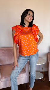 Orange and Pink Dotted Silk Blouse