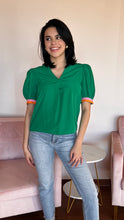Load image into Gallery viewer, Green Dual Striped Short Sleeve Blouse
