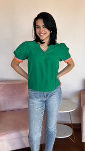 Green Dual Striped Short Sleeve Blouse