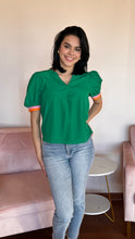 Load image into Gallery viewer, Green Dual Striped Short Sleeve Blouse
