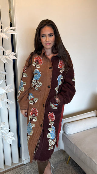 FARM RIO MIXED DELHI FLORAL MIDI FLEECE COAT