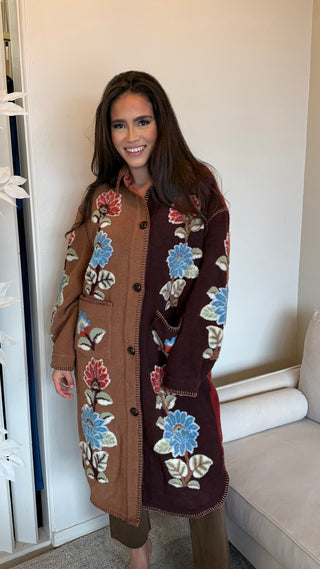 FARM RIO MIXED DELHI FLORAL MIDI FLEECE COAT