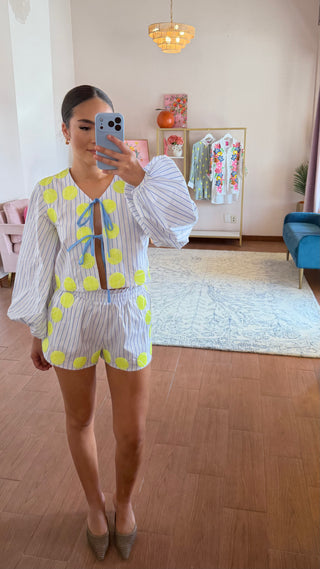 QUEEN OF SPARKLES WHITE AND BLUE STRIPE TENNIS BALL TIE UP TOP & SHORTS