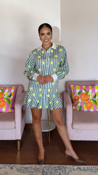 QUEEN OF SPARKLES GREEN AND WHITE STRIPED TENNIS BALL BUTTON UP DRESS