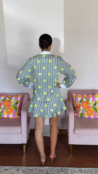 QUEEN OF SPARKLES GREEN AND WHITE STRIPED TENNIS BALL BUTTON UP DRESS
