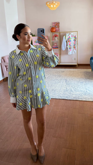 QUEEN OF SPARKLES GREEN AND WHITE STRIPED TENNIS BALL BUTTON UP DRESS