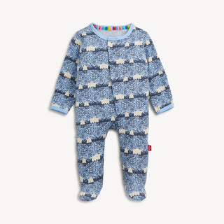 A blue footie with a borealis bear print, featuring long sleeves and magnetic fasteners.