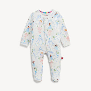 Baby footie with colorful ballet print and ruffle details, featuring a magnetic closure.