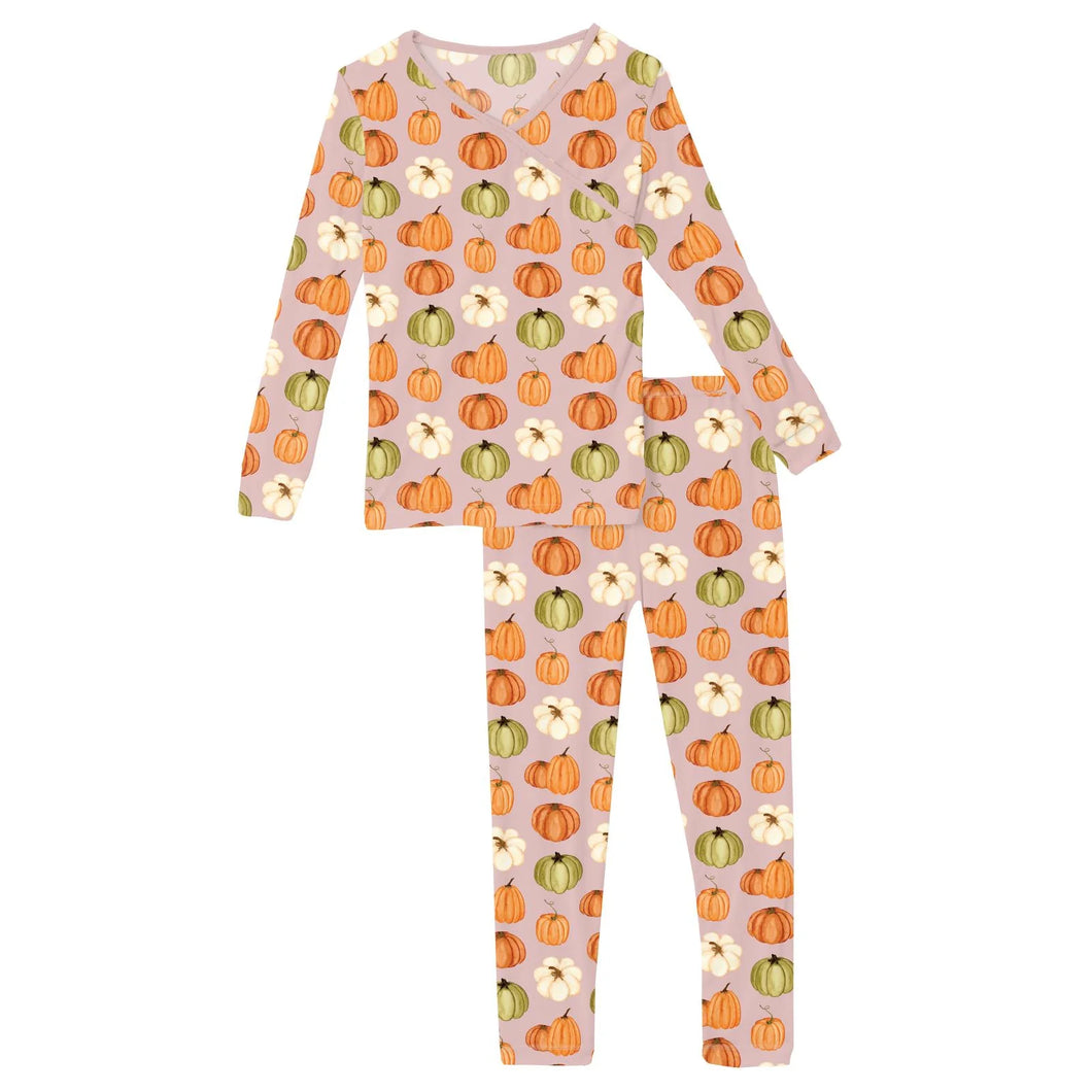 Kickee Pants Long Sleeve Kimono Pajama Set- Baby Rose Pumpkin Patch