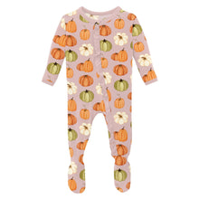 Load image into Gallery viewer, Kickee Pants Layette Ruffle Footie with 2 Way Zipper- Baby Rose Pumpkin Patch
