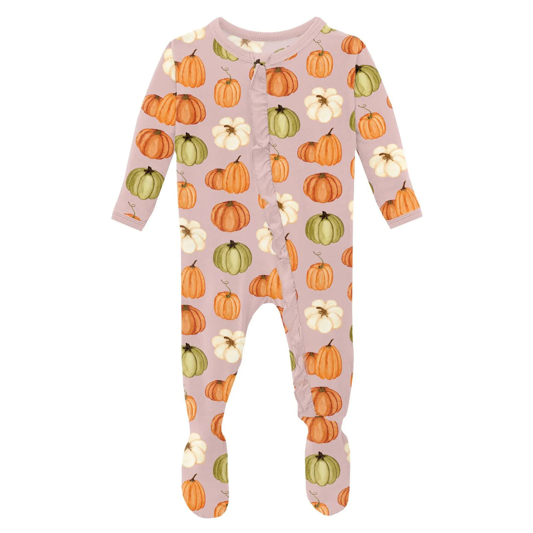 Kickee Pants Layette Ruffle Footie with 2 Way Zipper- Baby Rose Pumpkin Patch