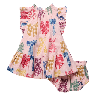 PINK CHICKEN BABY GIRLS HARPER DRESS SET-PATTERENED BOWS