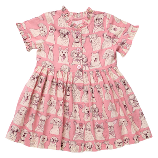 PINK CHICKEN GIRLS AUTUMN DRESS-PINK SKETCHED DOGS
